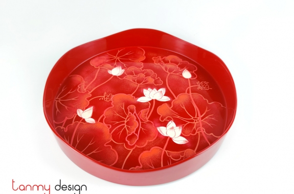Red round lacquer tray hand-painted with lotus pond 27xH4 cm
